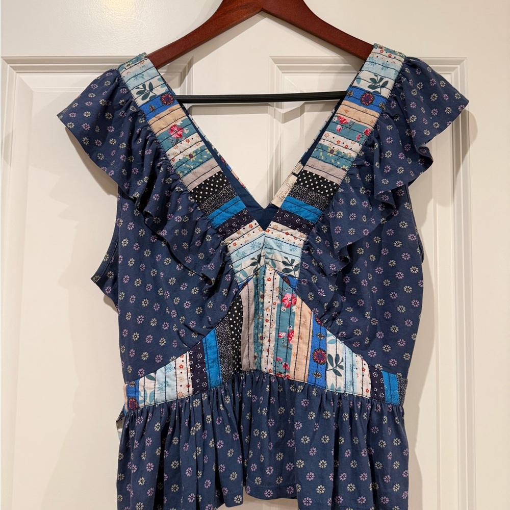 Anthropologie Blue Patchwork Ruffle Blouse